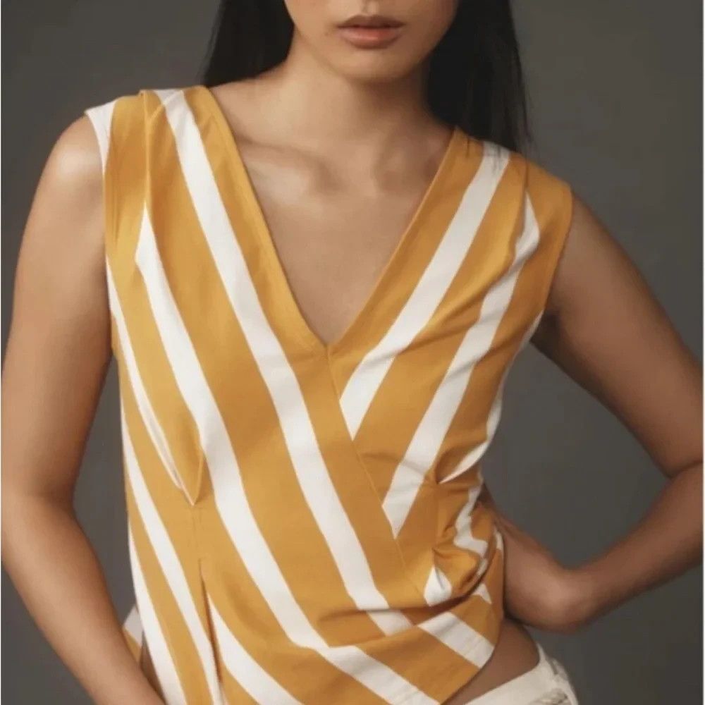 Anthropologie Maeve V-Neck Corset Top Yellow White Striped Sleeveless Size XL